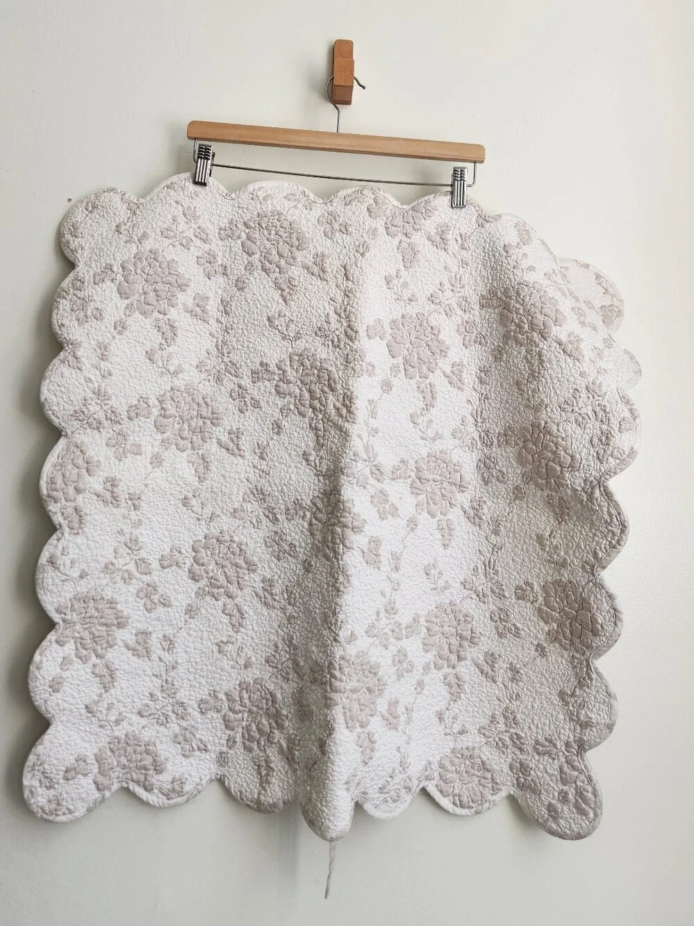 Pine Cone Hill Scalloped Floral Quilt Euro Sham Beige and White 2 Sided